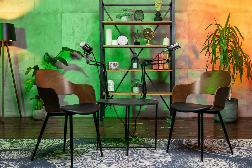 Podcast studio with green walls